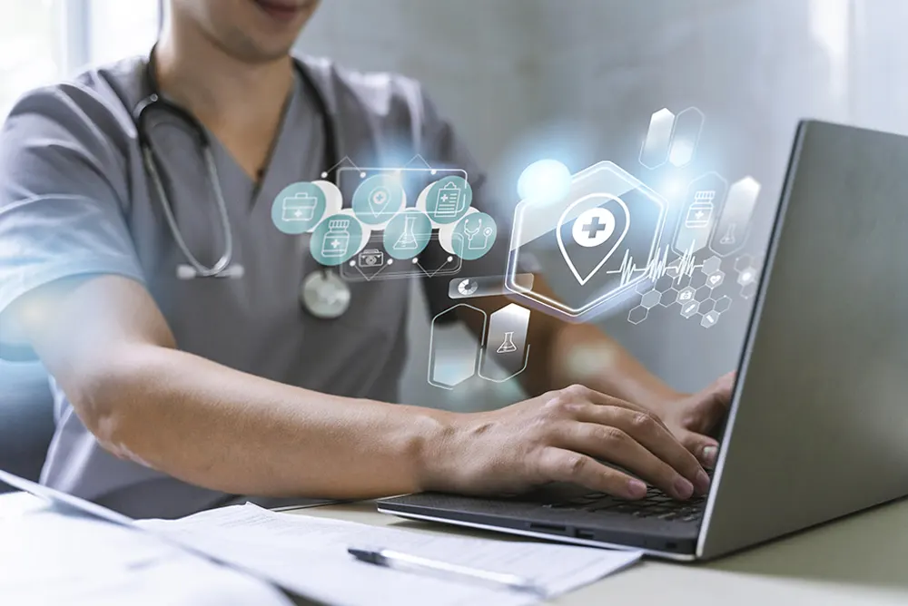 medical banner with doctor working laptop img