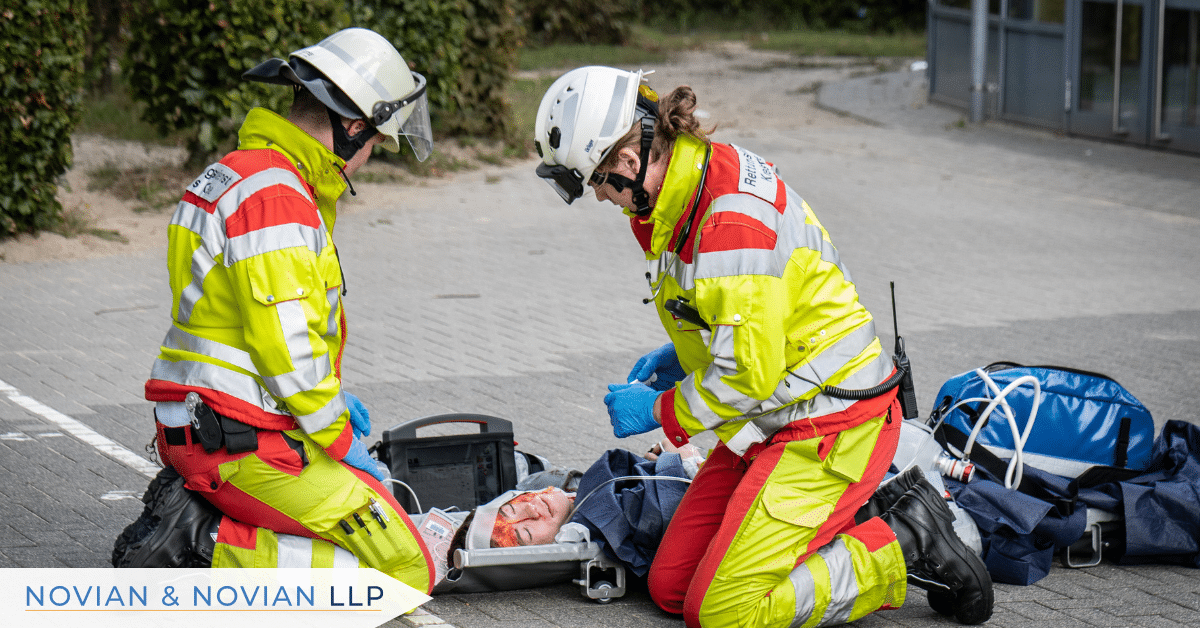 “Paramedics assisting car accident victim after crash”